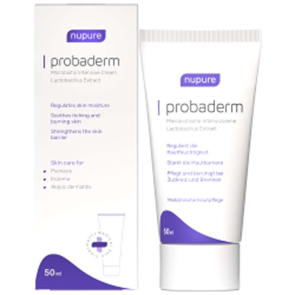 Deux tubes de crème. Inscription : nupure probaderm, Crème intensive microbiotique. Soin médical de la peau. 50 ml.