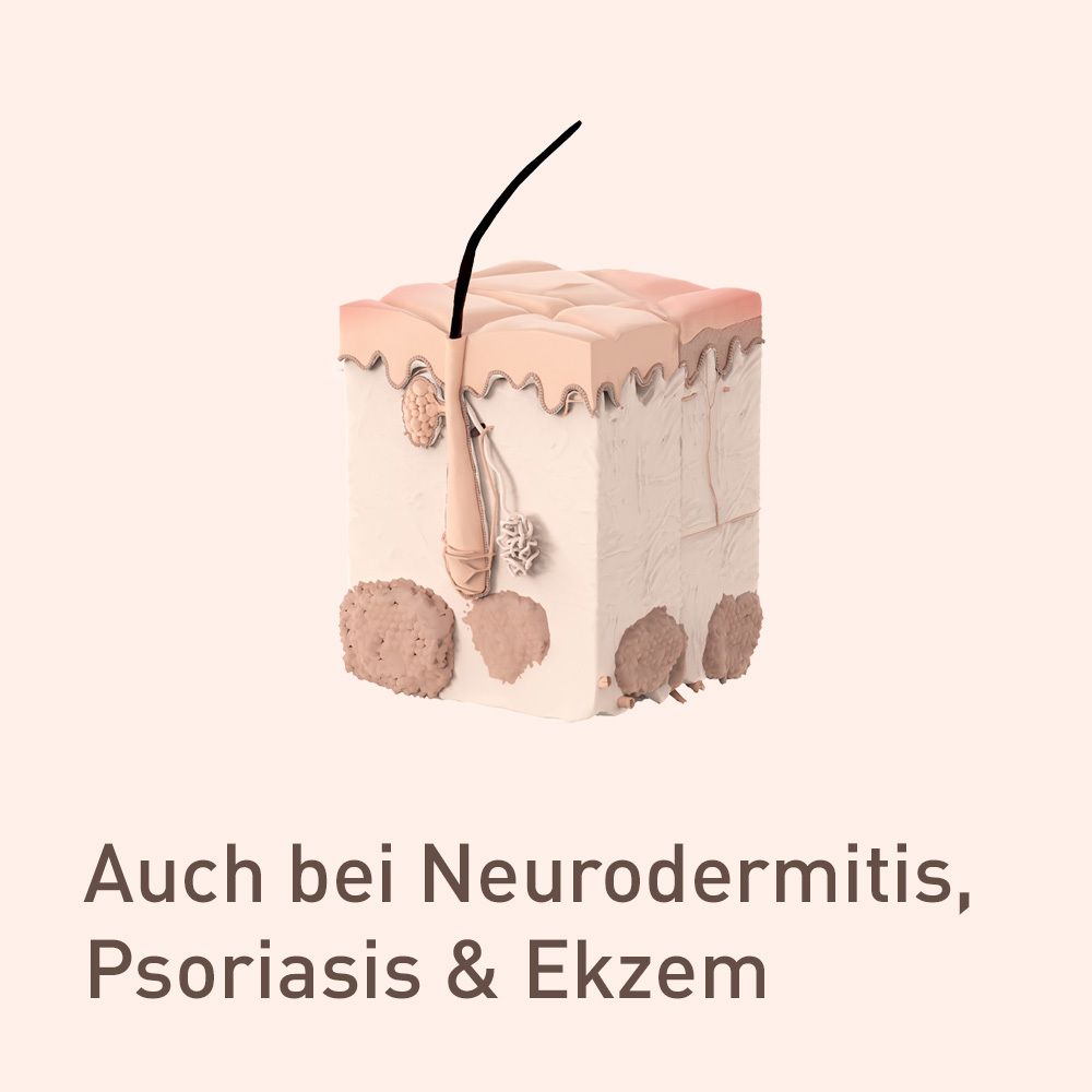 Modèle d'un morceau de peau avec un cheveu. Texte : Aussi pour la dermatite atopique, le psoriasis et l'eczéma.
