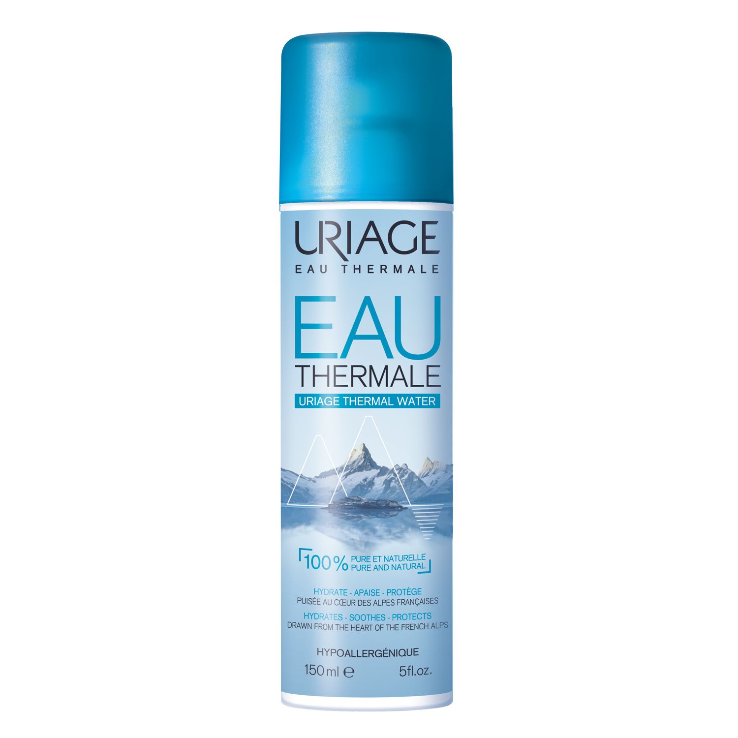 Spray Uriage Eau Thermale. Flacon bleu et blanc. Texte: Eau Thermale, 100% pur et naturel.