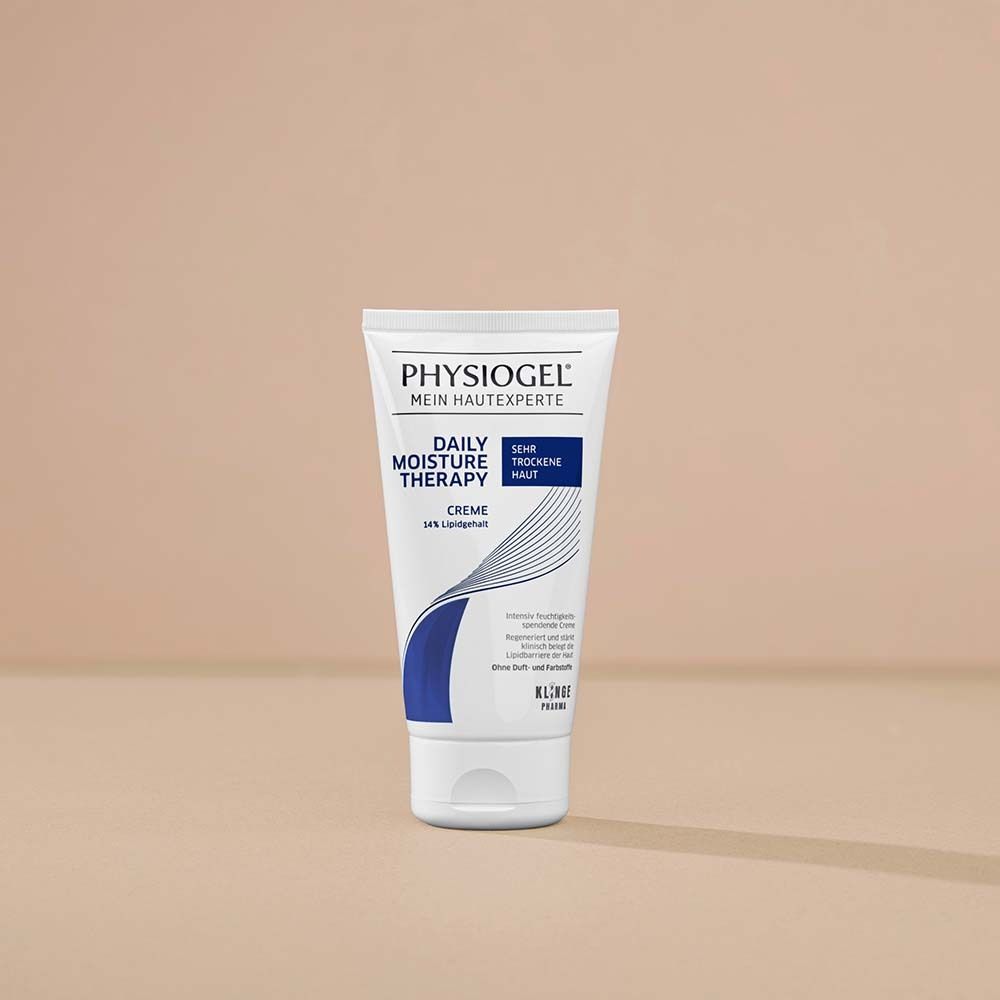 Tube blanche PHYSIOGEL® Crème. Inscription : Daily Moisture Therapy, peau très sèche. Vagues bleues et blanches.