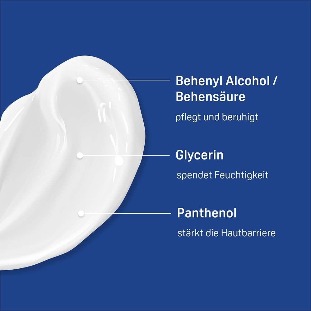 Gros plan de crème. Texte : Alcool béhénylique, Glycérine, Panthénol. Fond bleu.
