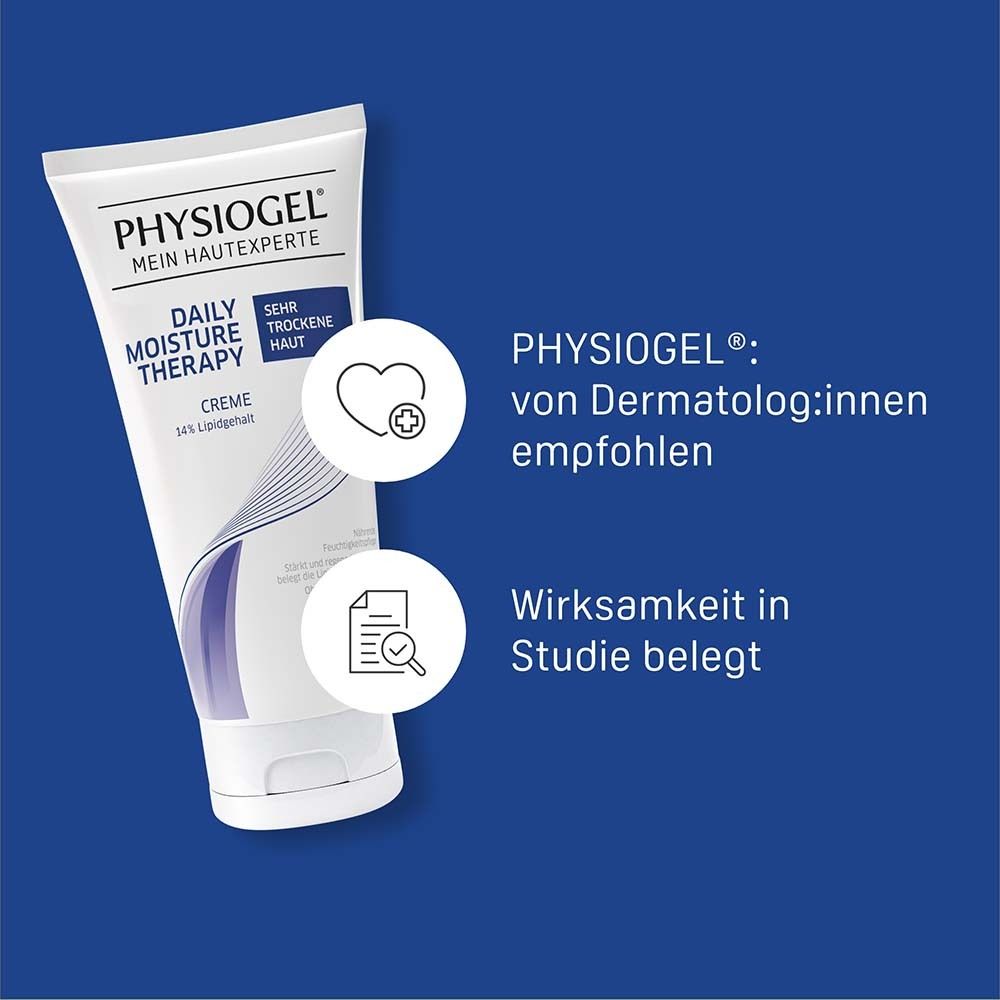 Tube de crème PHYSIOGEL®. Texte : recommandé par les dermatologues, efficacité prouvée. Fond bleu.