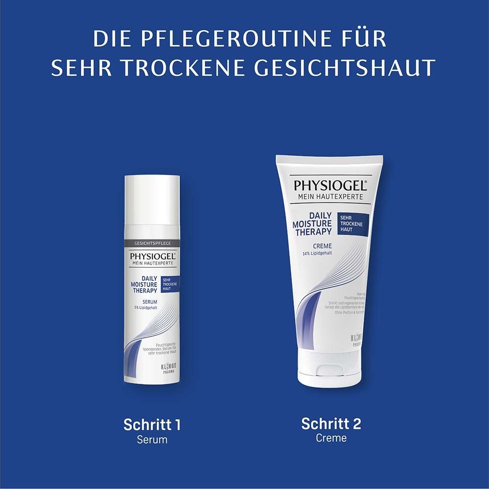 Deux produits : sérum et crème PHYSIOGEL® Daily Moisture Therapy. Fond bleu.