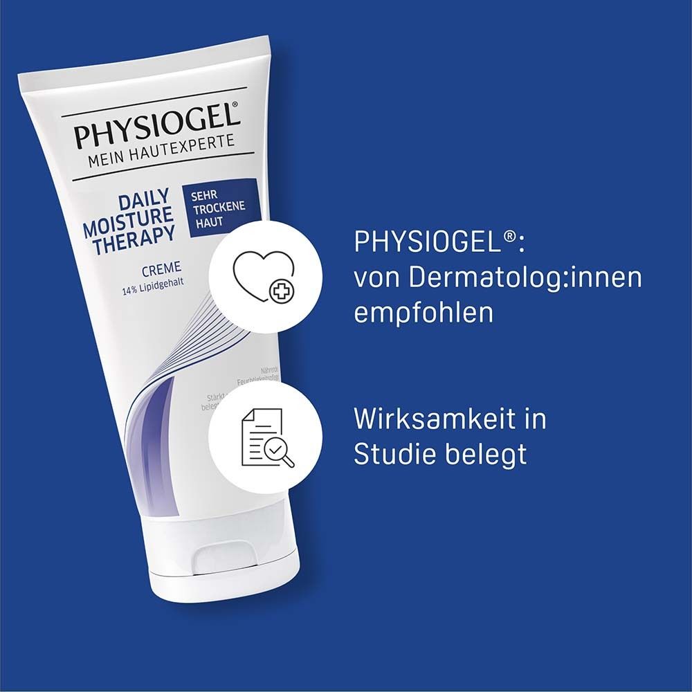 Tube de crème PHYSIOGEL®. Texte : Daily Moisture Therapy, Peau très sèche, crème. Recommandé par les dermatologues.