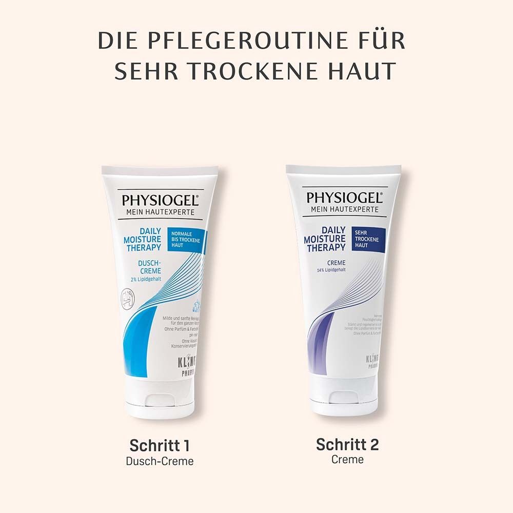 Deux tubes de crème PHYSIOGEL®. Texte : Crème de douche, crème. Étape 1, Étape 2. Fond brun clair.