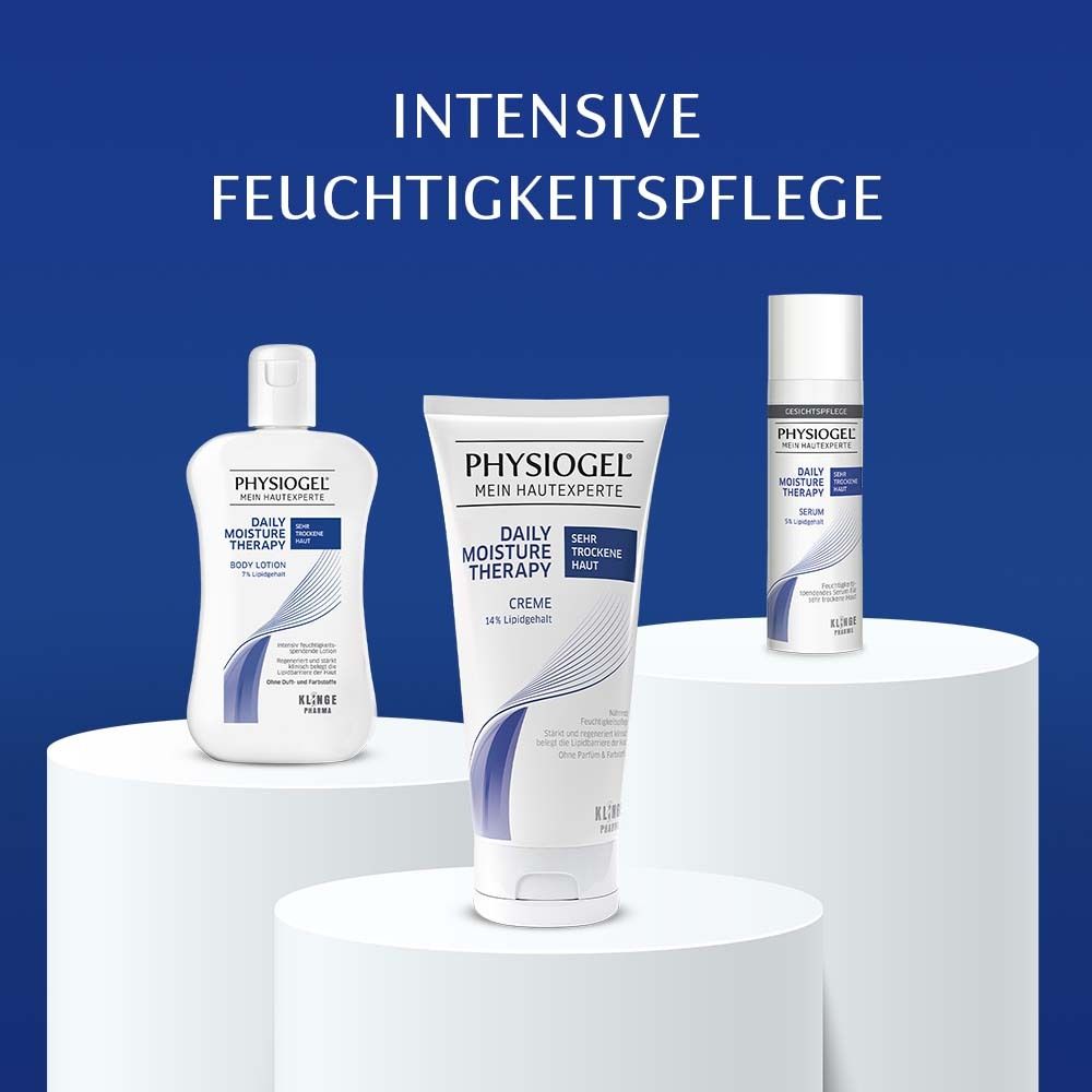 Trois produits PHYSIOGEL®. Texte : Crème Daily Moisture Therapy, lotion pour le corps, sérum. Emballage bleu et blanc.