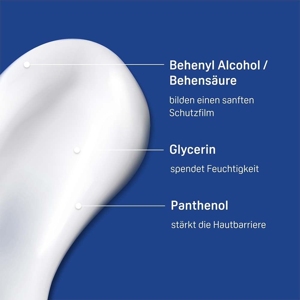 Gros plan sur la crème. Ingrédients : Alcool béhénylique, glycérine, panthénol. Texte sur fond bleu.