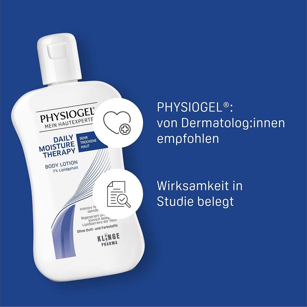 Flacon blanc PHYSIOGEL® Daily Moisture Therapy Body Lotion. Texte : recommandé par les dermatologues, efficacité prouvée.