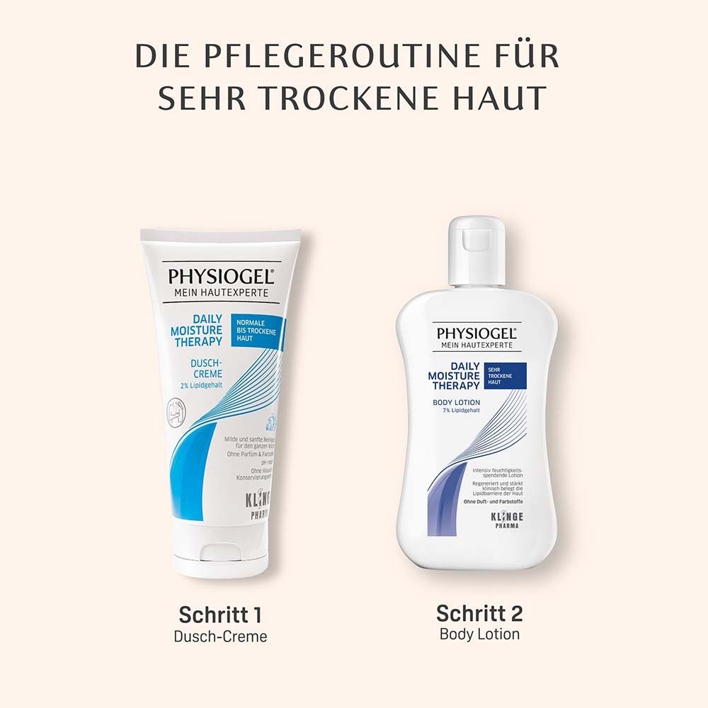 Deux produits : PHYSIOGEL® Daily Moisture Therapy Crème de douche et Body Lotion. Flacons blancs avec inscription bleue.