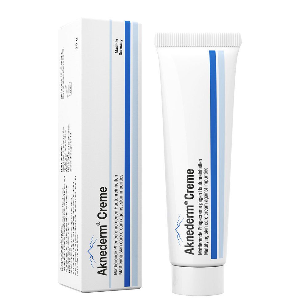 Crème Aknederm® en tube et étui, crème de soin matifiante contre les impuretés cutanées.