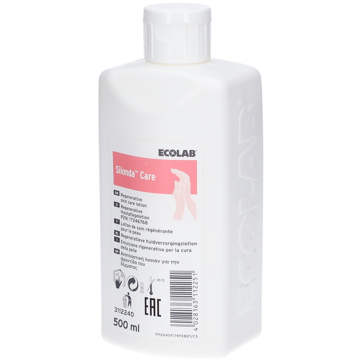 Flacon blanc avec étiquette Silonda™ Care. Contient 500 ml. Inscriptions : Lotion régénérante pour la peau, ECOLAB, logo EAC.