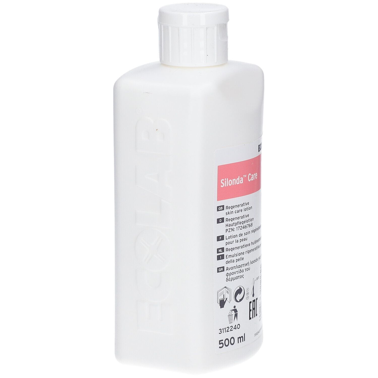 Flacon blanc avec étiquette Silonda™ Care. Inscriptions : Lotion régénérante pour la peau, ECOLAB. Flacon légèrement incliné.
