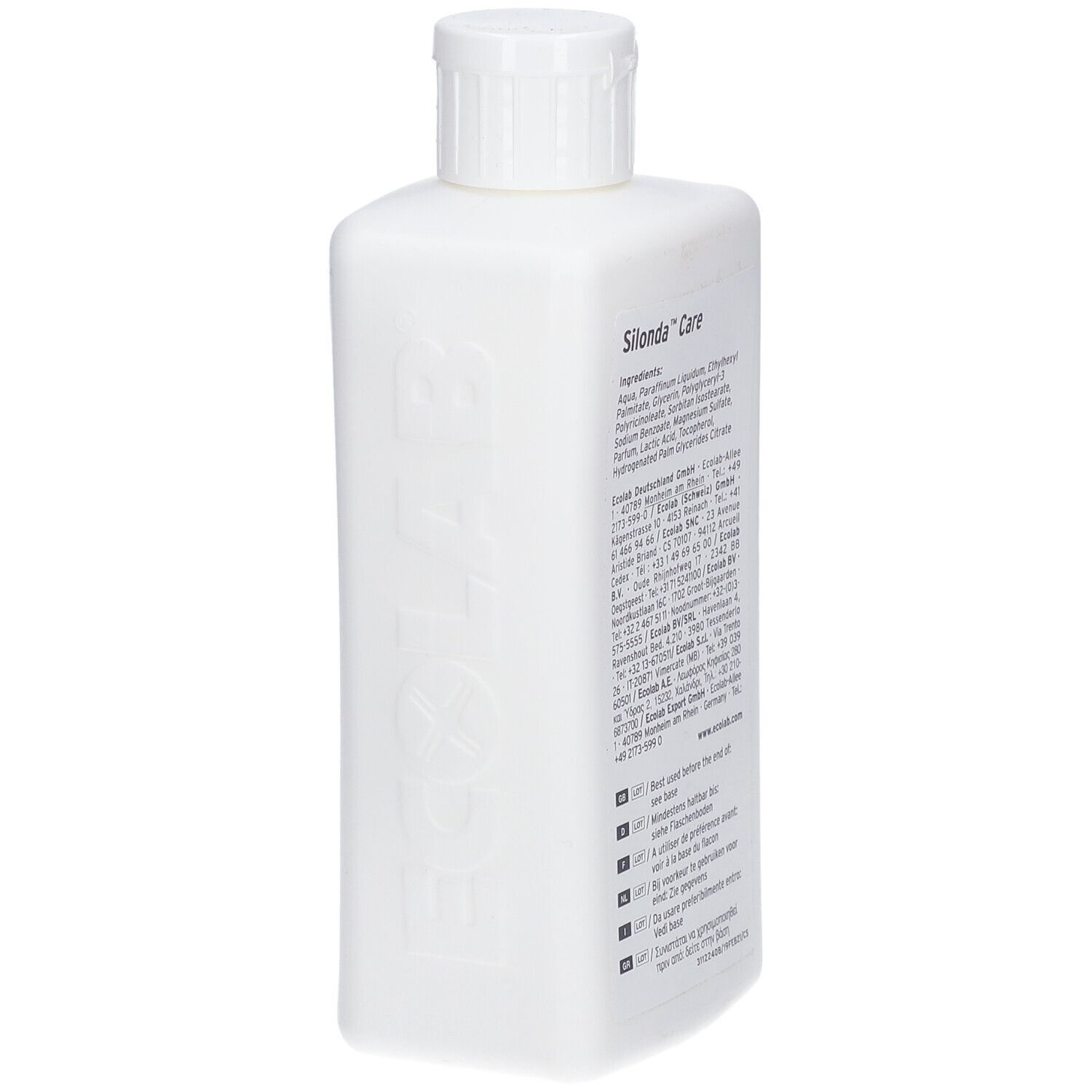 Flacon blanc avec étiquette Silonda™ Care. Dos avec ingrédients et informations fabricant. Logo ECOLAB.