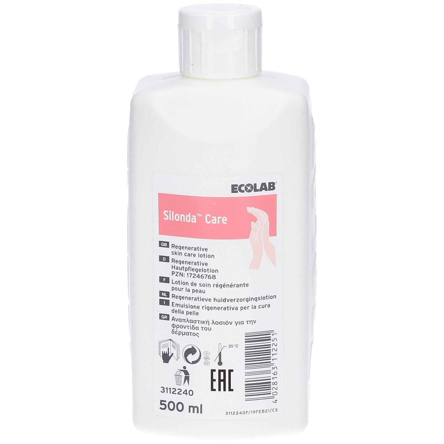 Flacon blanc avec étiquette Silonda™ Care. Contient 500 ml. Inscriptions : Lotion régénérante pour la peau, ECOLAB, logo EAC.