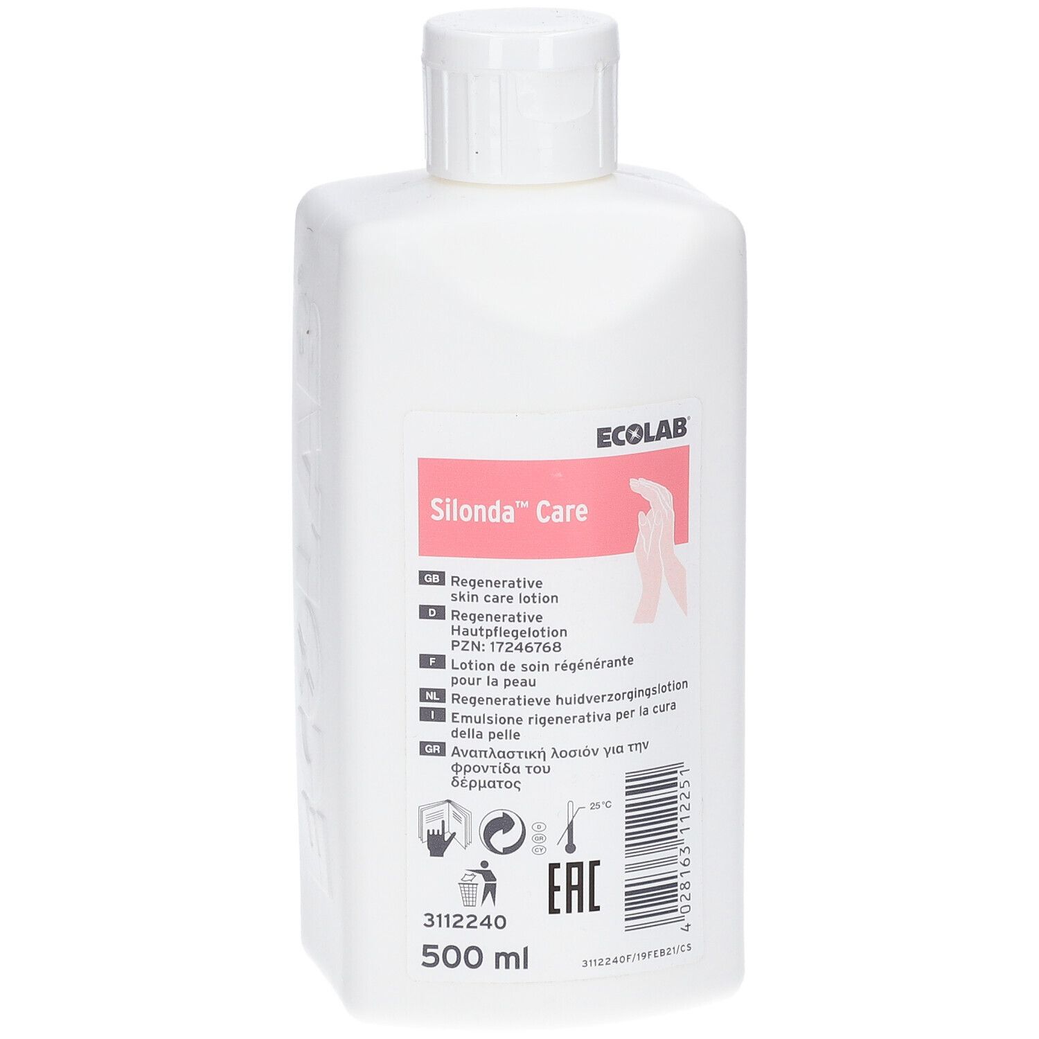 Flacon blanc avec étiquette Silonda™ Care. Contient 500 ml. Inscriptions : Lotion régénérante pour la peau, ECOLAB, logo EAC.