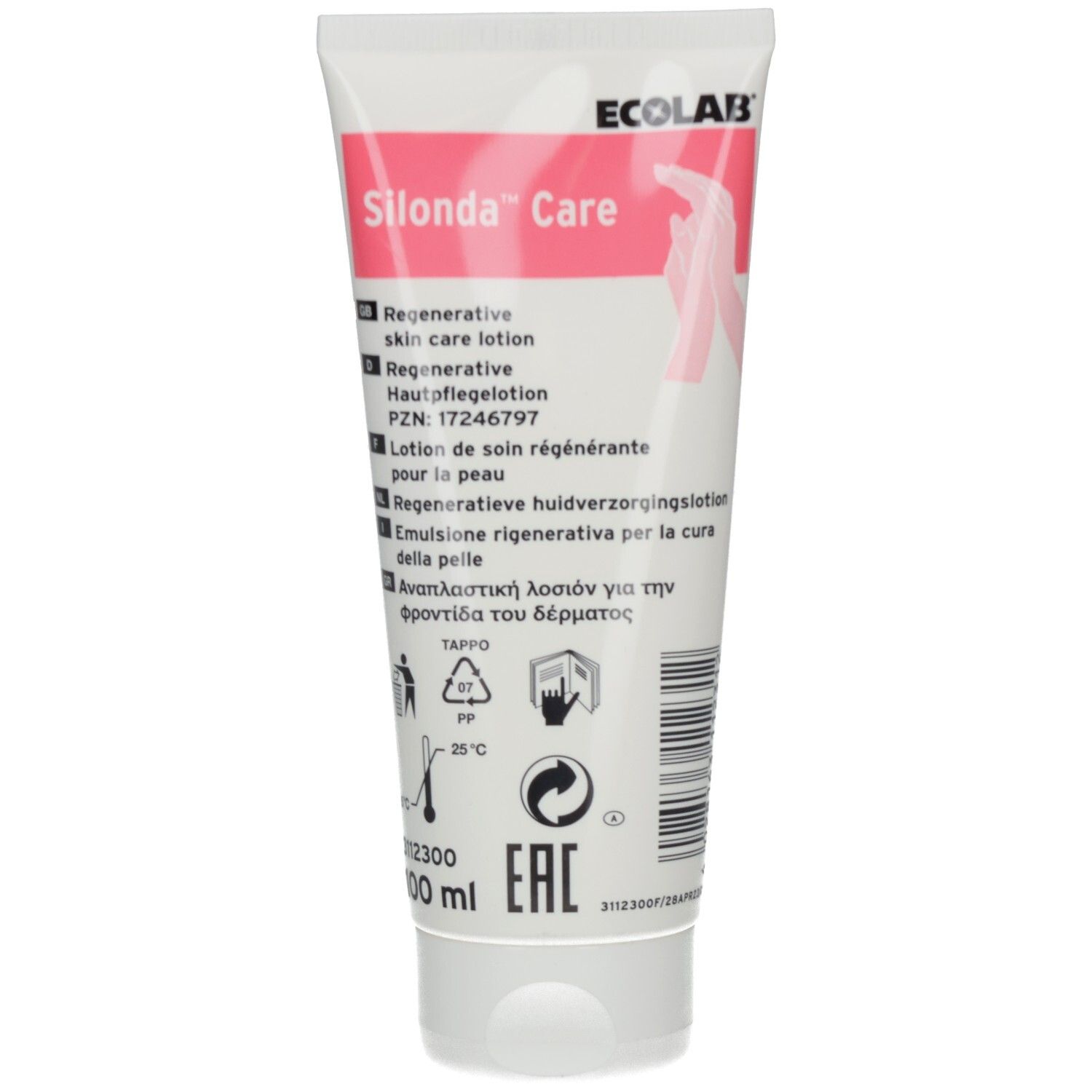 Tube de lotion de soin régénérante Silonda Care. Inscription rose, tube blanc, logo ECOLAB.
