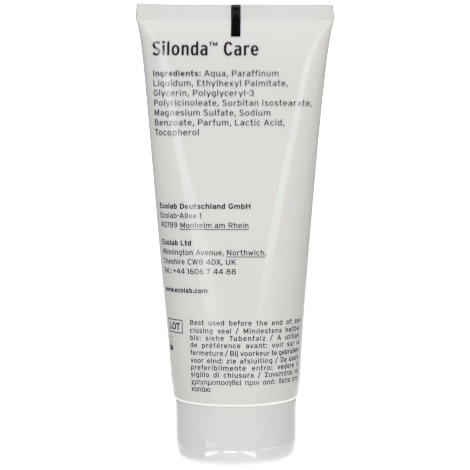 Dos du tube Silonda Care. Liste des ingrédients et informations de contact.