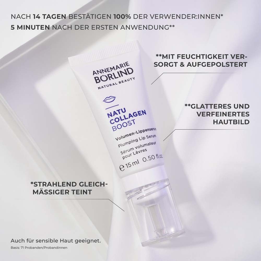 Sérum pour les lèvres avec texte. Marque : ANNEMARIE BÖRLIND. Nom du produit : NATU COLLAGEN BOOST. Texte : teint éclatant et uniforme.