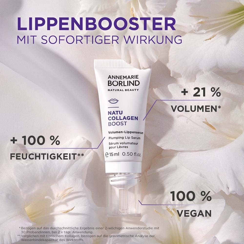 Sérum pour les lèvres avec texte. Marque : ANNEMARIE BÖRLIND. Nom du produit : NATU COLLAGEN BOOST. Texte : +100% d'hydratation, 100% végétalien.