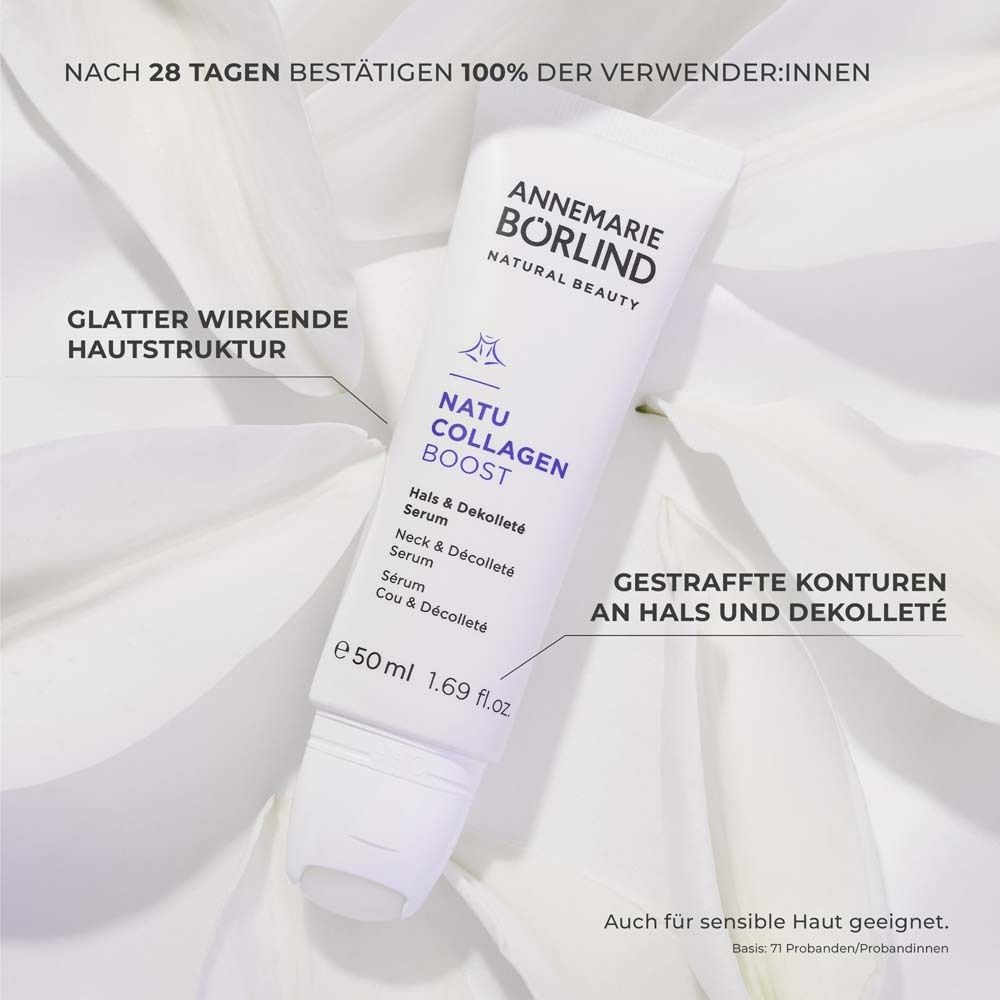 Tube blanc avec impression du produit. Marque : ANNEMARIE BÖRLIND. Produit : NATU COLLAGEN BOOST Sérum Cou & Décolleté.