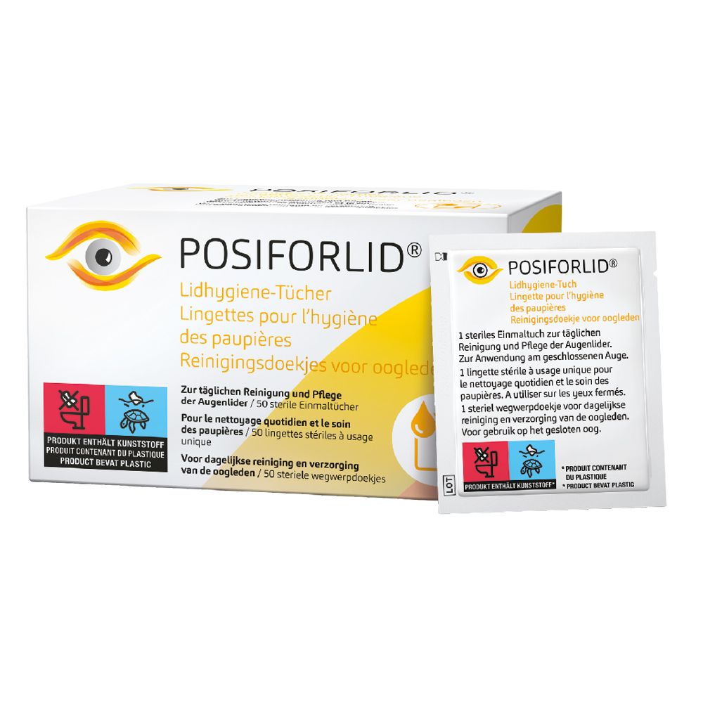 Emballage et sachet individuel Lingettes d'hygiène POSIFORLID®, 50 lingettes stériles.