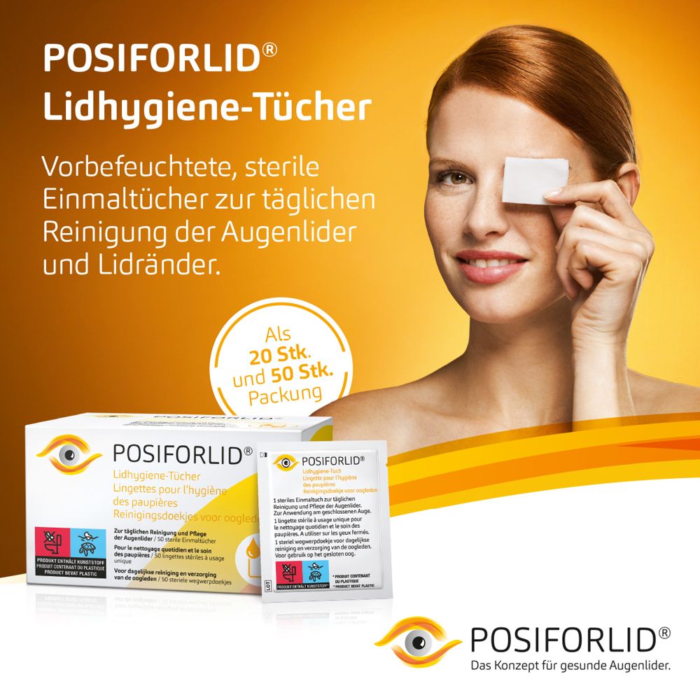 Femme nettoie sa paupière avec une lingette d'hygiène POSIFORLID®. Paquet de 20/50 pièces.