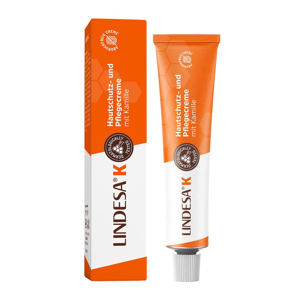 Emballage du produit. Boîte et tube oranges. Inscription: Crème protectrice et soin à la camomille. Marque: LINDESA K.