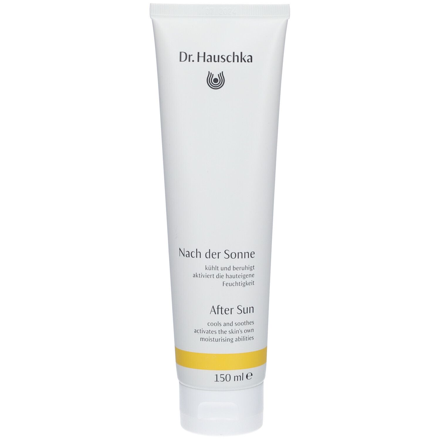 Tube blanche avec bande jaune. Inscription : Dr. Hauschka, Nach der Sonne, After Sun. 150 ml.