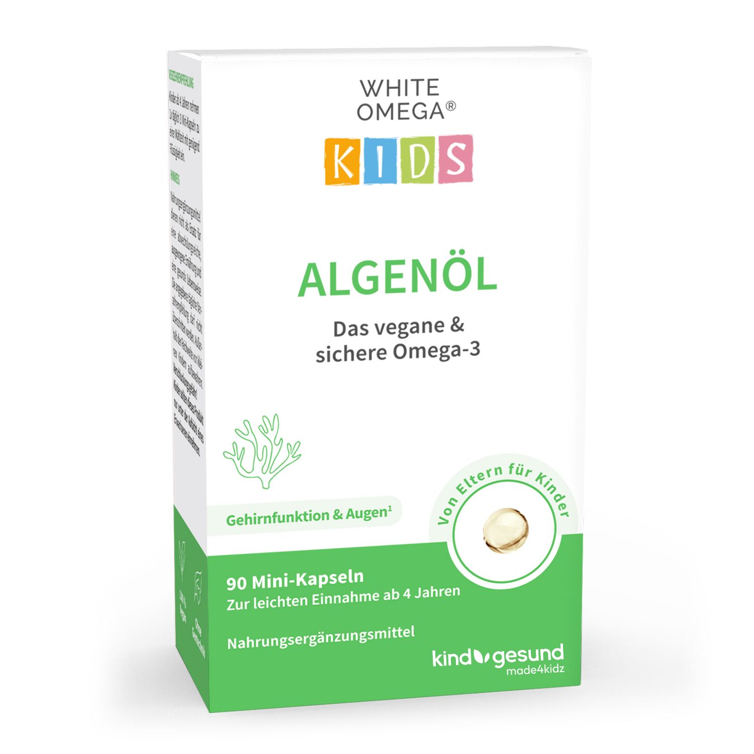 Boîte blanche WHITE OMEGA KIDS Algenöl. Contient 90 mini-capsules. Végétalien, pour enfants dès 4 ans.
