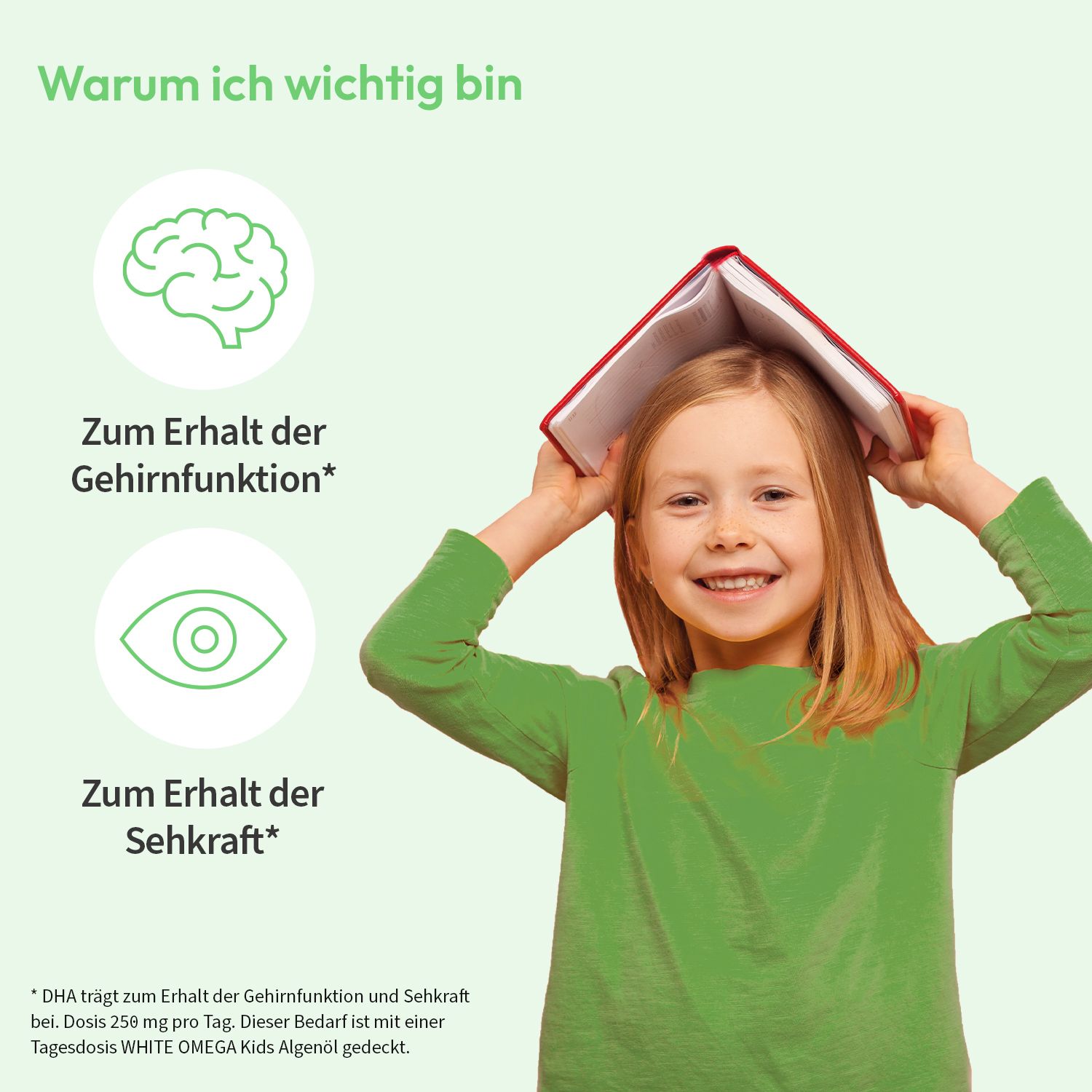 Une jeune fille souriante avec un livre rouge sur la tête. Graphiques montrant cerveau et œil, avec texte sur fonction cérébrale et visuelle.