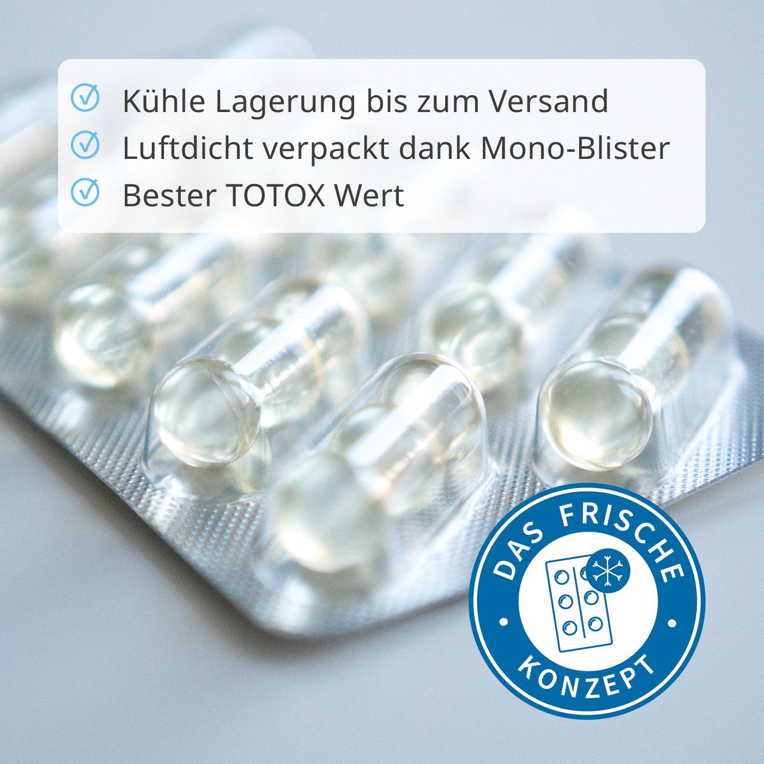 Blister de capsules. Texte : stockage au frais, emballage hermétique, meilleure valeur TOTX. Logo : Le concept frais.