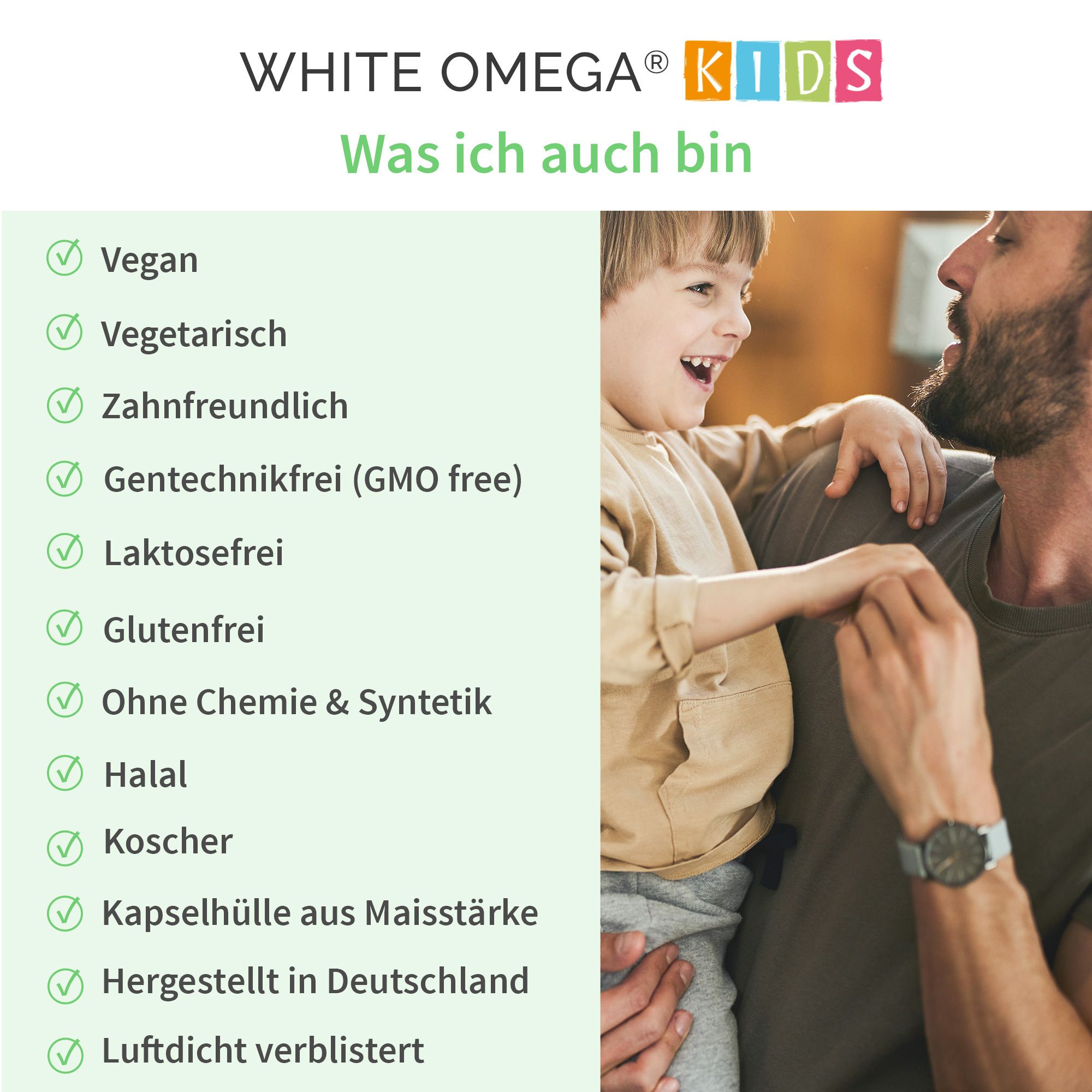 Un homme et un enfant. Graphiques montrant les avantages : végétalien, végétarien, bon pour les dents, sans OGM, sans lactose, sans gluten.