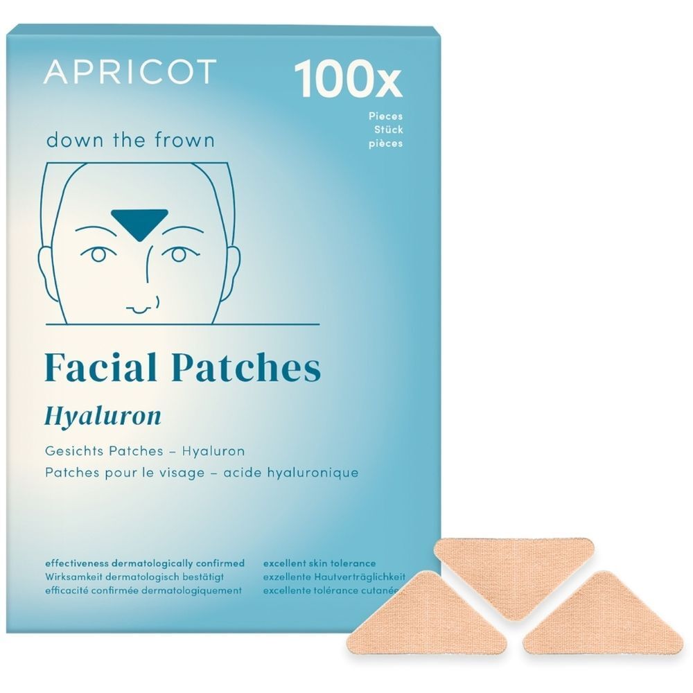 Boîte de 100 patchs visage APRICOT Hyaluron, forme triangulaire.