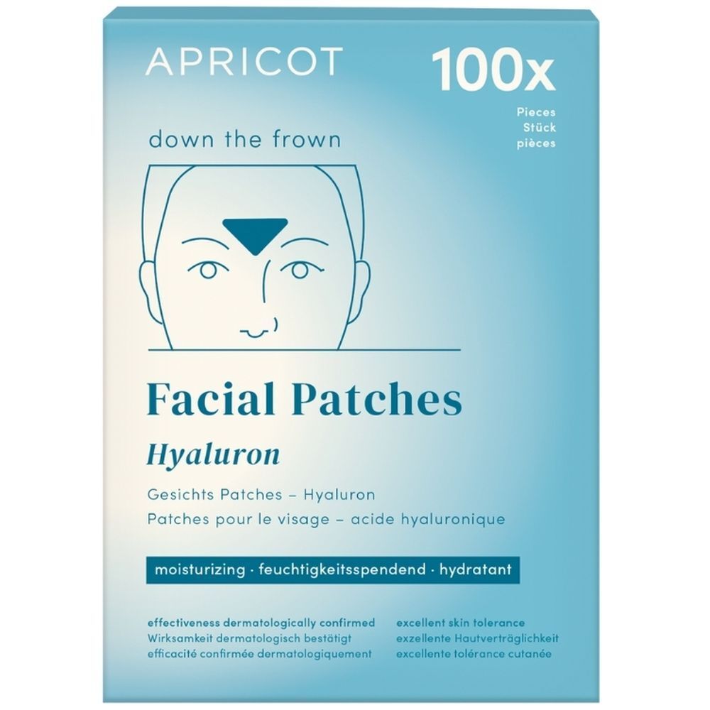 Boîte de 100 patchs visage APRICOT Hyaluron, forme triangulaire.