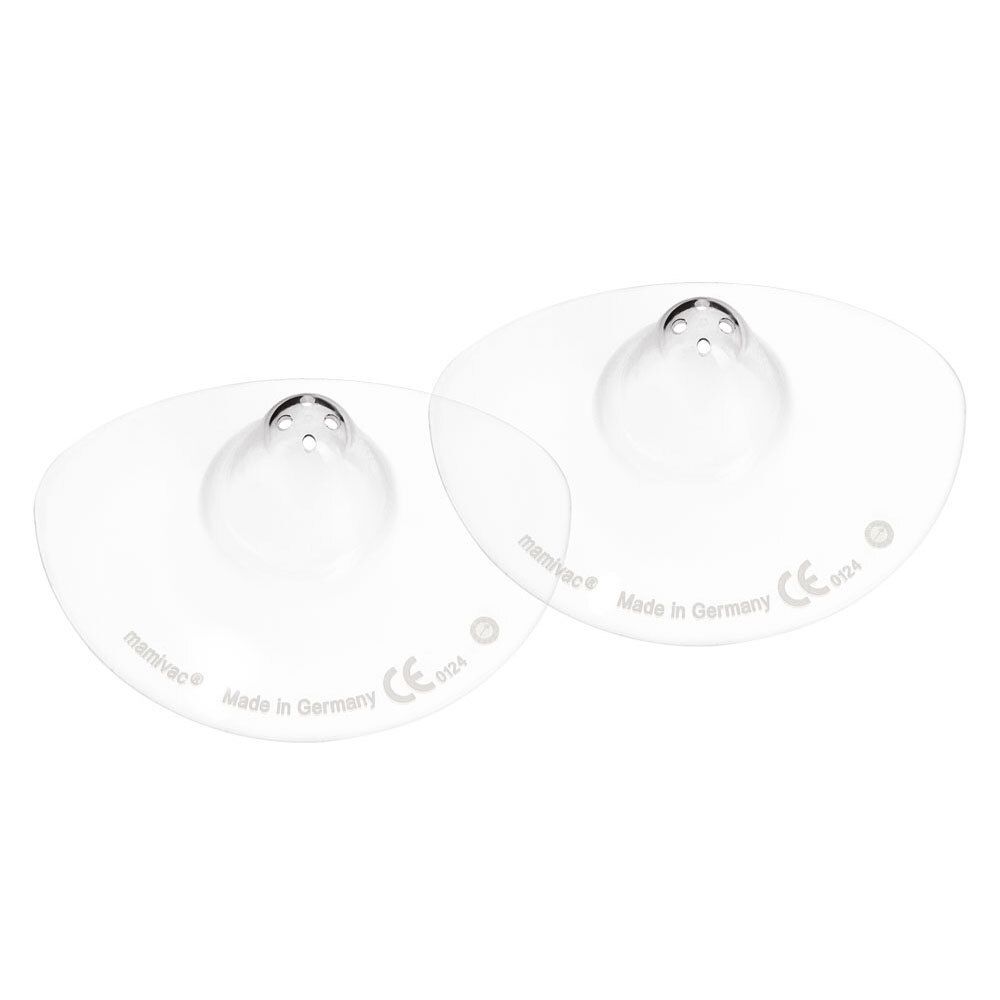 Deux protège-mamelons mamivac® transparents. Avec trous et marquage CE. Fabriqué en Allemagne.