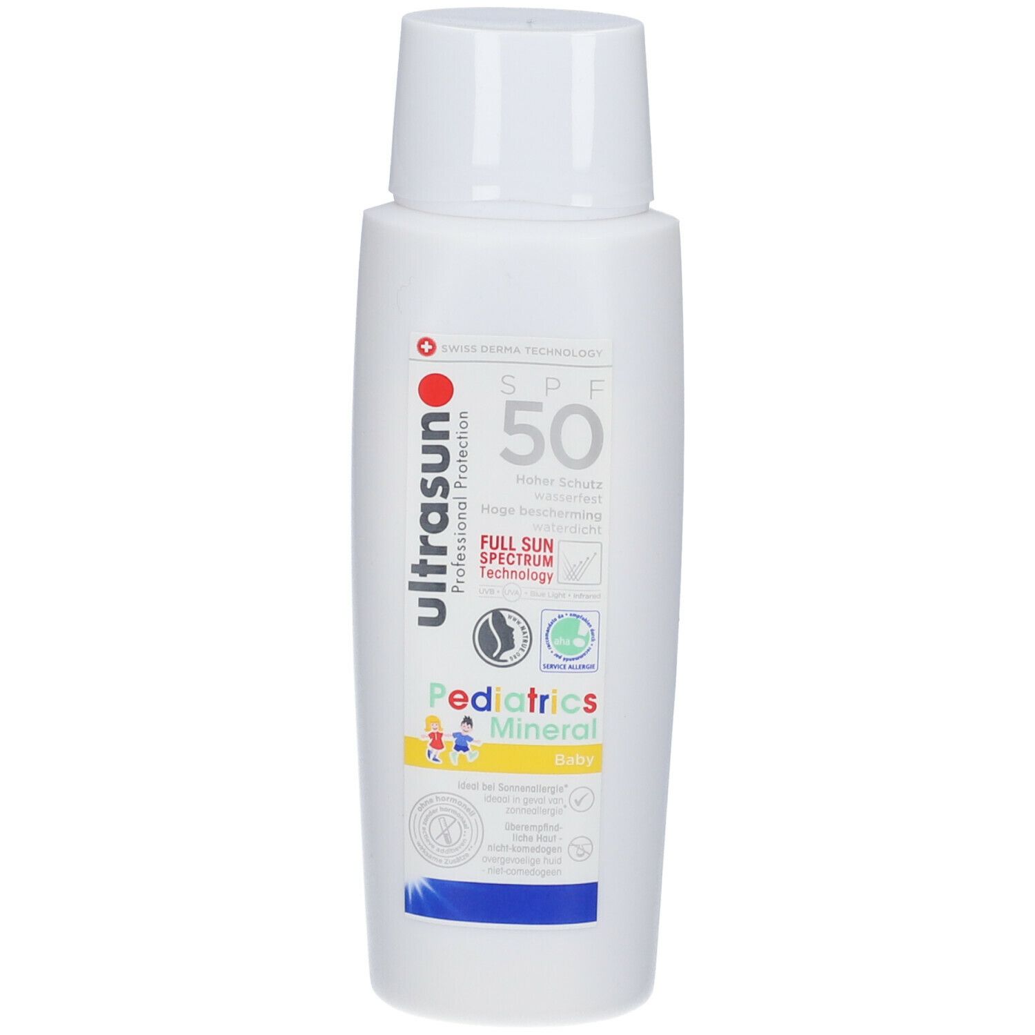 Flacon blanc avec bouchon blanc. Inscription : ultrasun, SPF 50, Pediatrics Mineral. Logo : croix suisse.