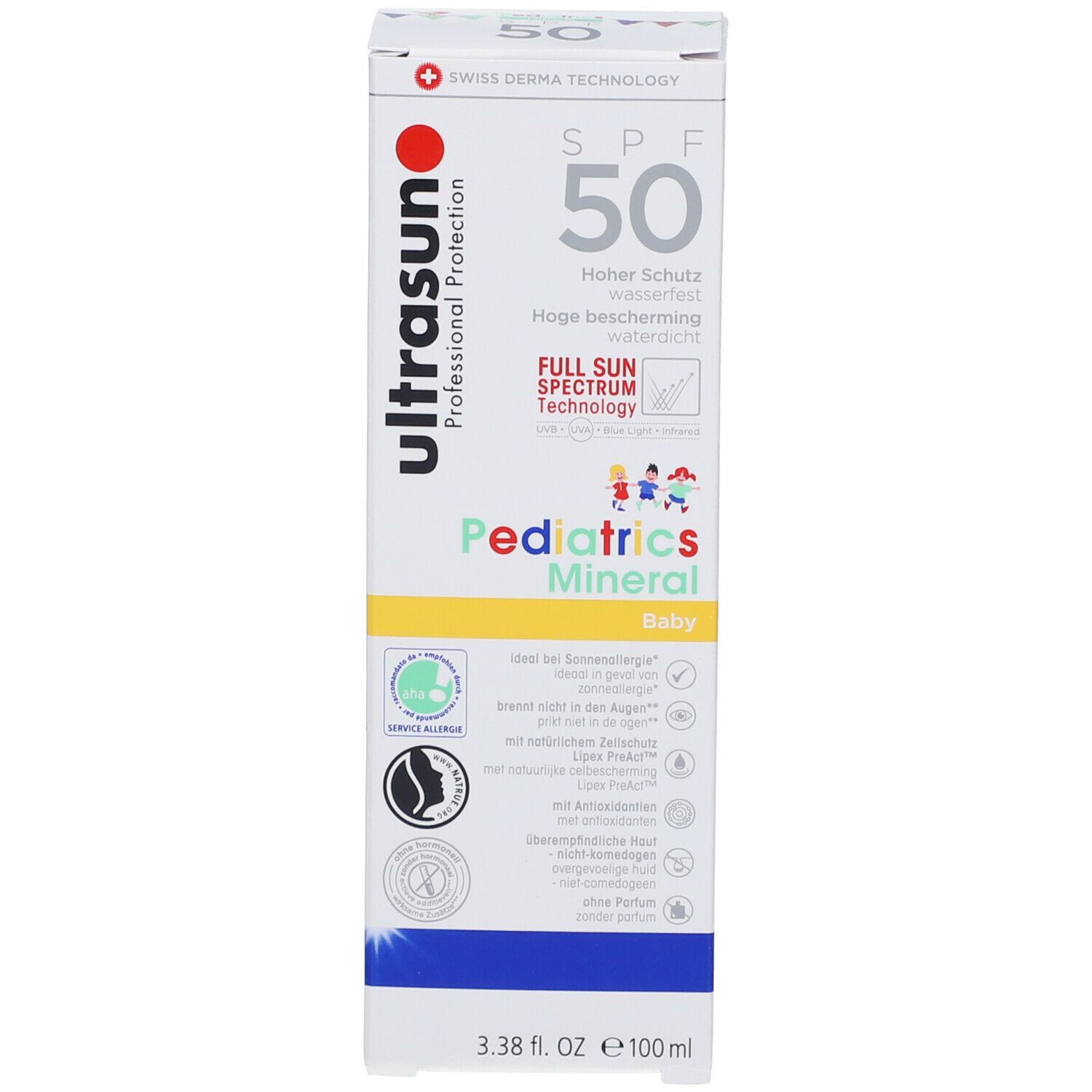 Emballage blanc. Inscription : ultrasun, SPF 50, Pediatrics Mineral. Logos et informations. 3.38 fl. oz. e 100 ml.