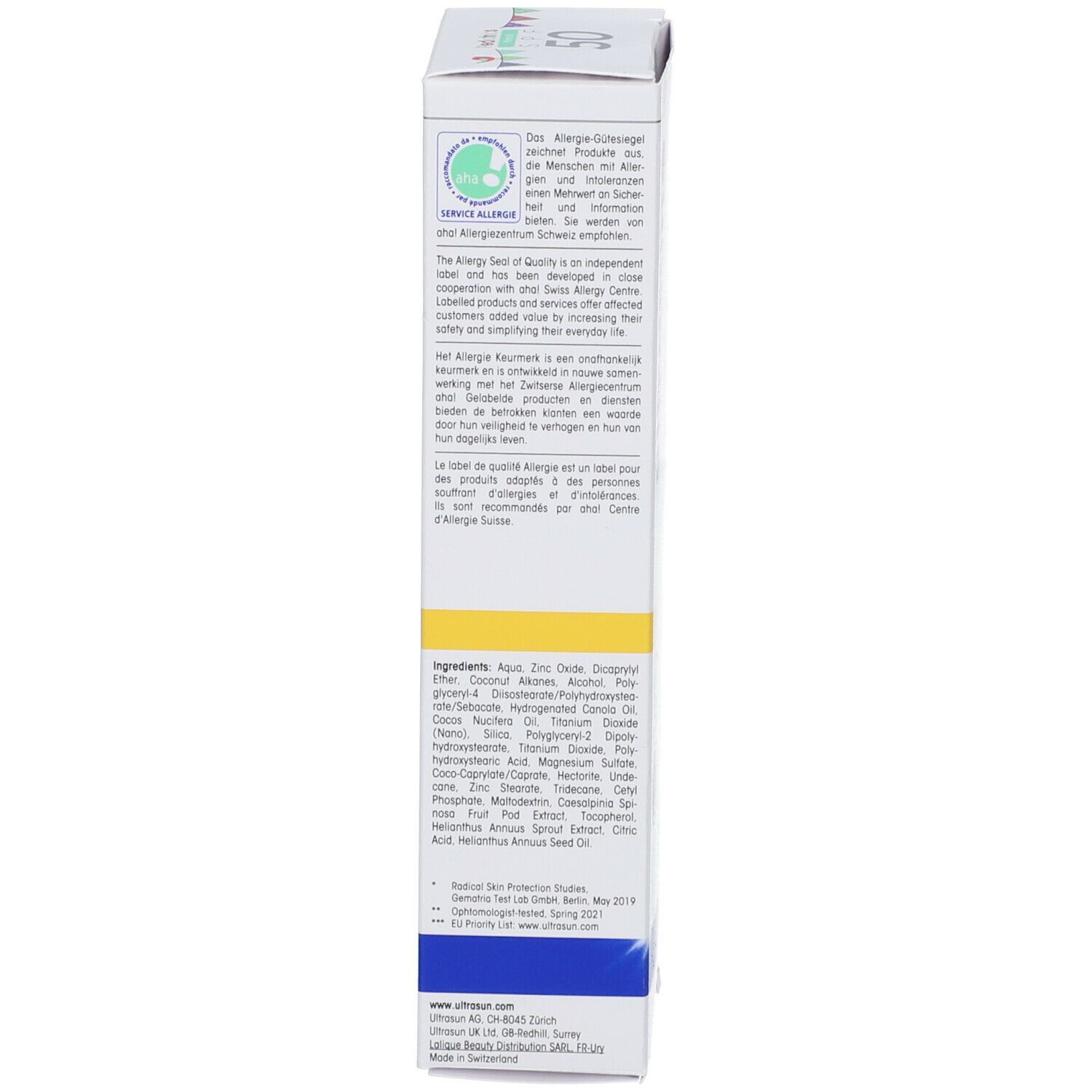 Emballage avec texte et logos. Inscription : Label de qualité allergie. Ingrédients.