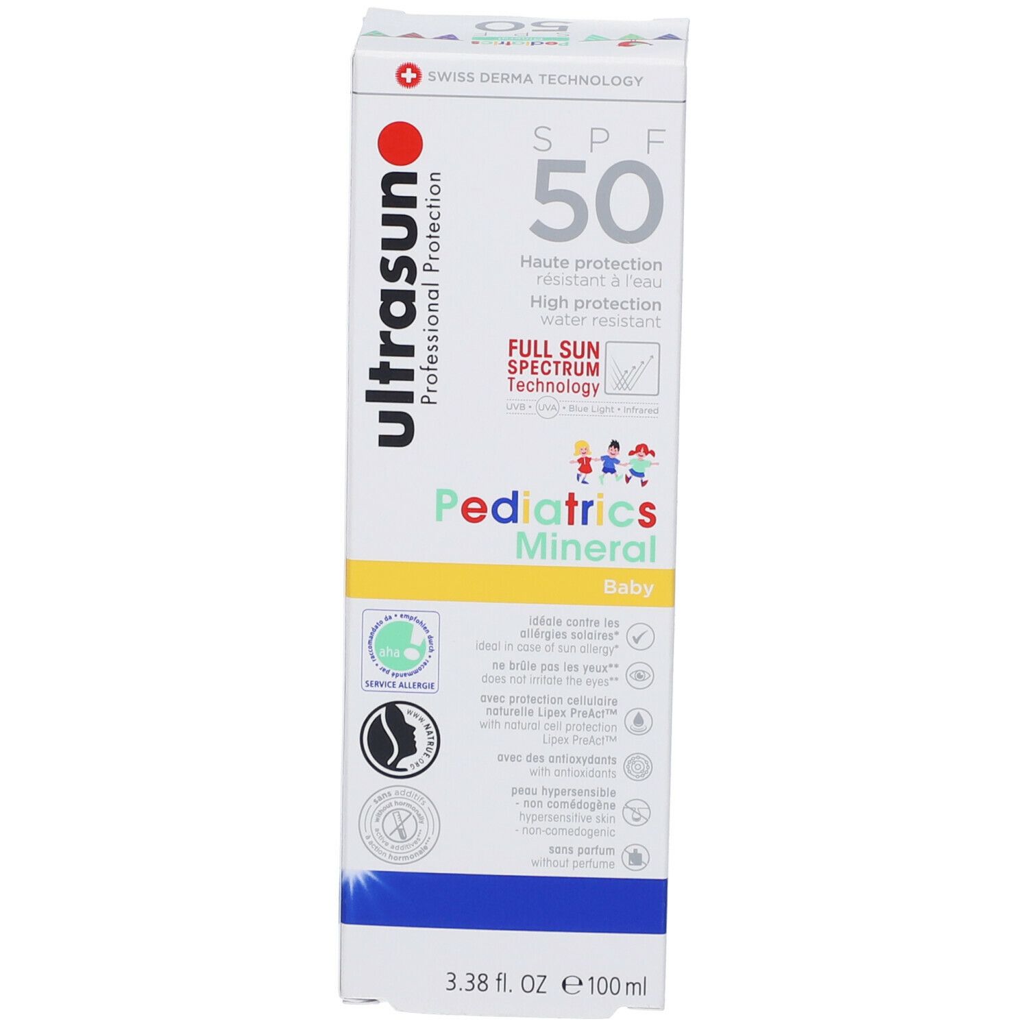 Emballage blanc. Inscription : ultrasun, SPF 50, Pediatrics Mineral. Logos et informations. 3.38 fl. oz. e 100 ml.