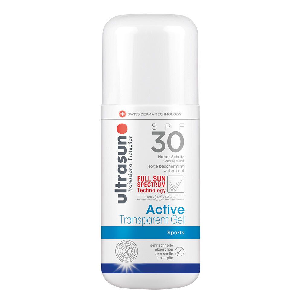 Flacon blanc et bleu ultrasun Active Transparent Gel SPF30. Contient SPF 30, Full Sun Spectrum Technology et est résistant à l'eau.