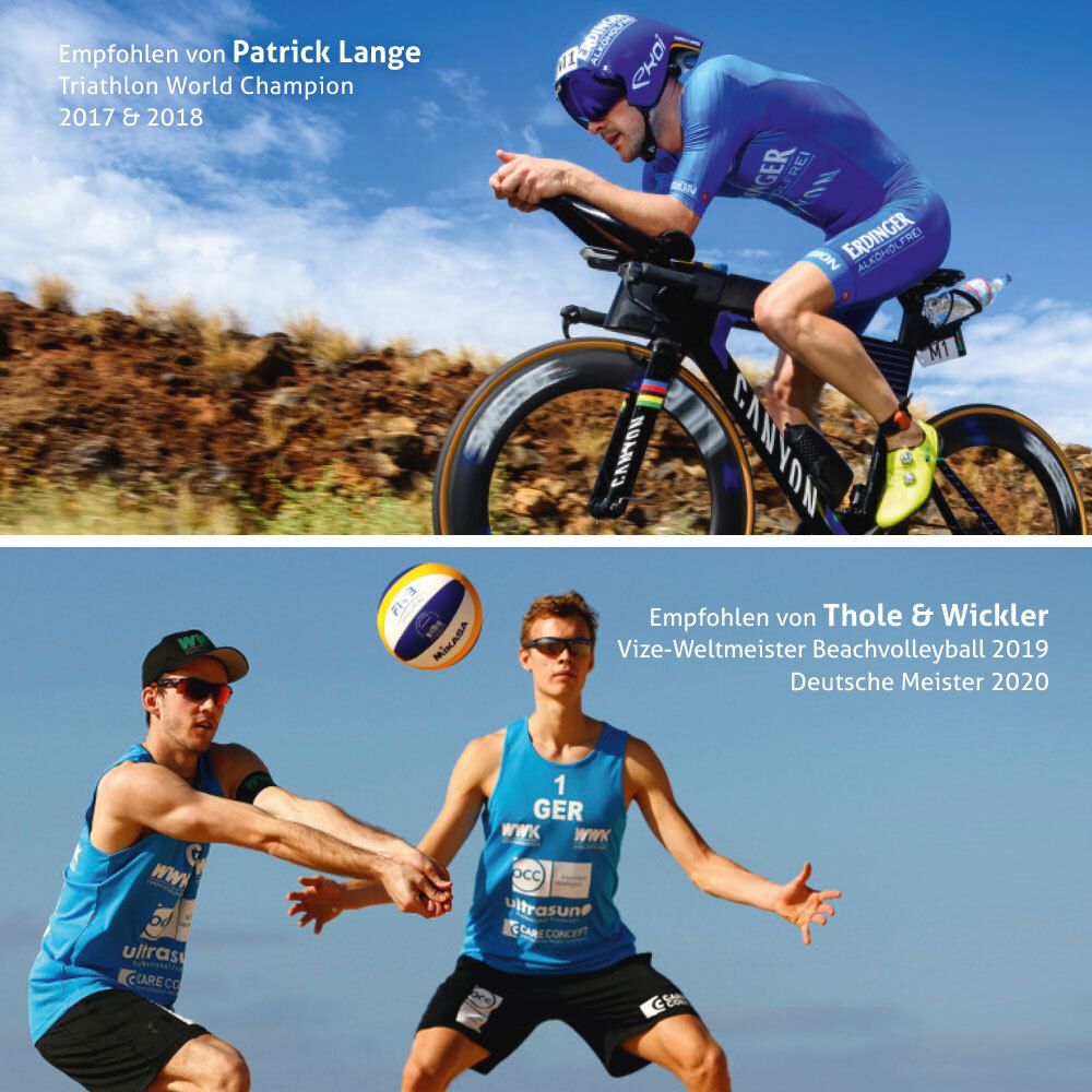 Deux athlètes en action. Patrick Lange, champion du monde de triathlon. Thole & Wickler, vice-champions du monde de beach-volley.