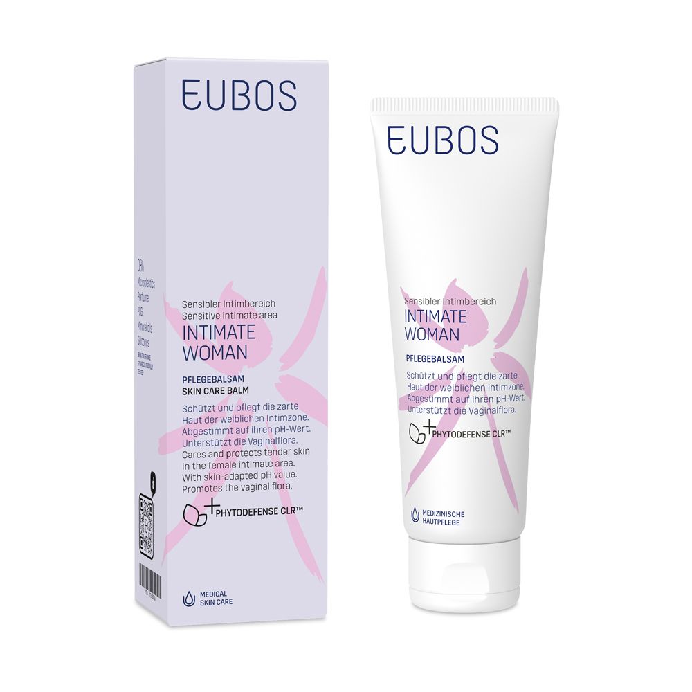 EUBOS Intimate Woman Pflegebalsam et emballage. Produit blanc avec des accents roses. Texte: Intimate Woman, Pflegebalsam.