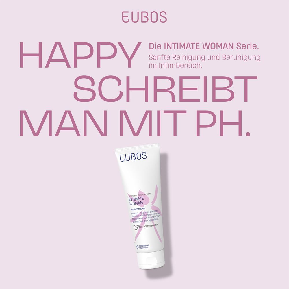 Produit Intimate Woman. Produit blanc avec des accents roses. Texte: Happy schreibt man mit pH.