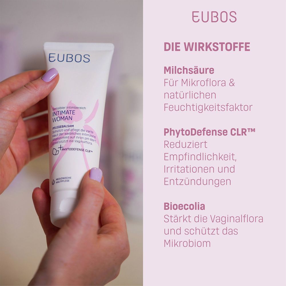 Mains tenant le produit Intimate Woman. Texte: Milchsäure, PhytoDefense CLR, Bioecolia.