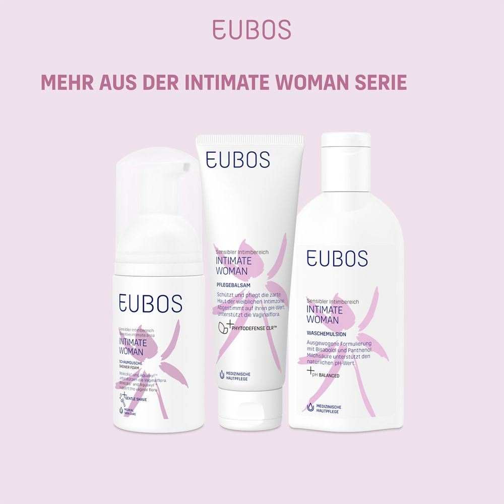 Trois produits de la série Intimate Woman. Blanc avec des accents roses. Texte: Pflegebalsam, Wasch-Emulsion, Intimwaschlotion.