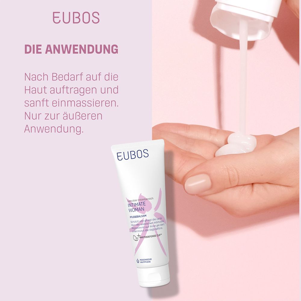 Mains appliquant le produit Intimate Woman. Texte: Uniquement pour usage externe.
