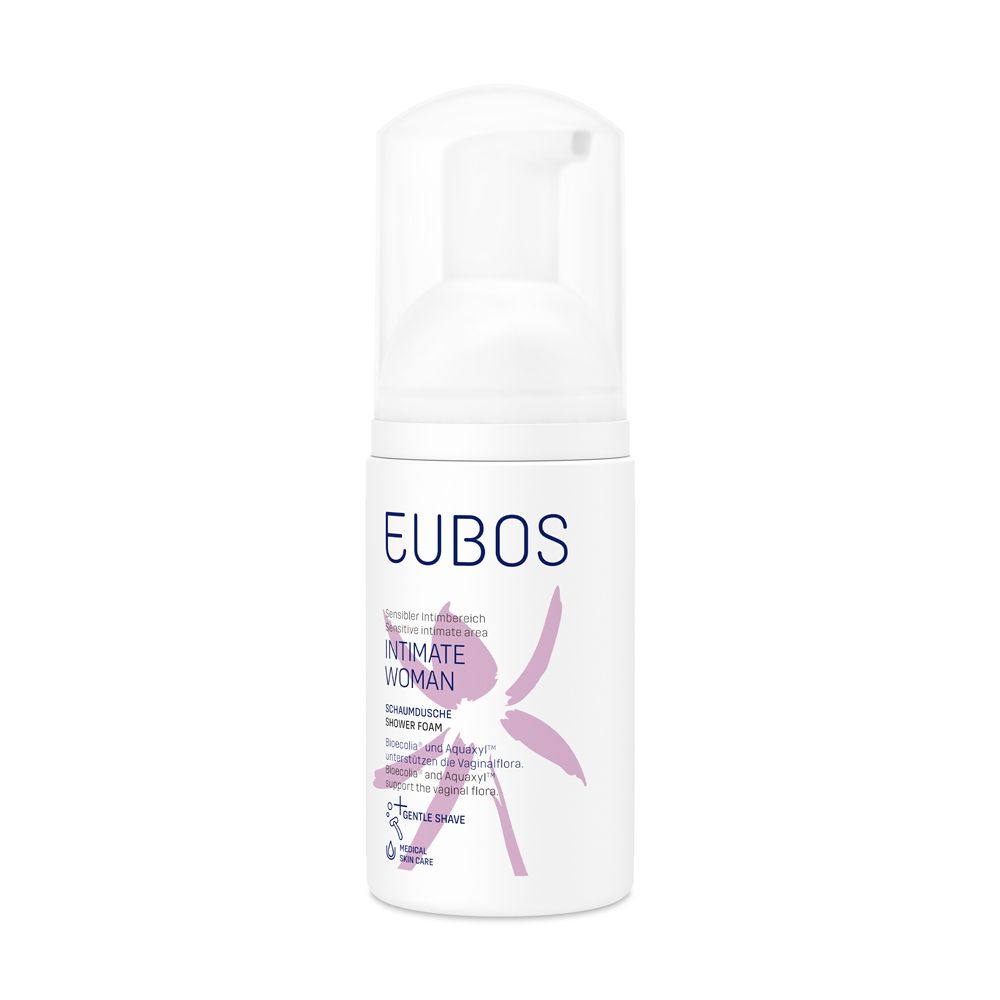 Flacon blanc avec pompe. Inscription : EUBOS, Intimate Woman. Graphique rose.