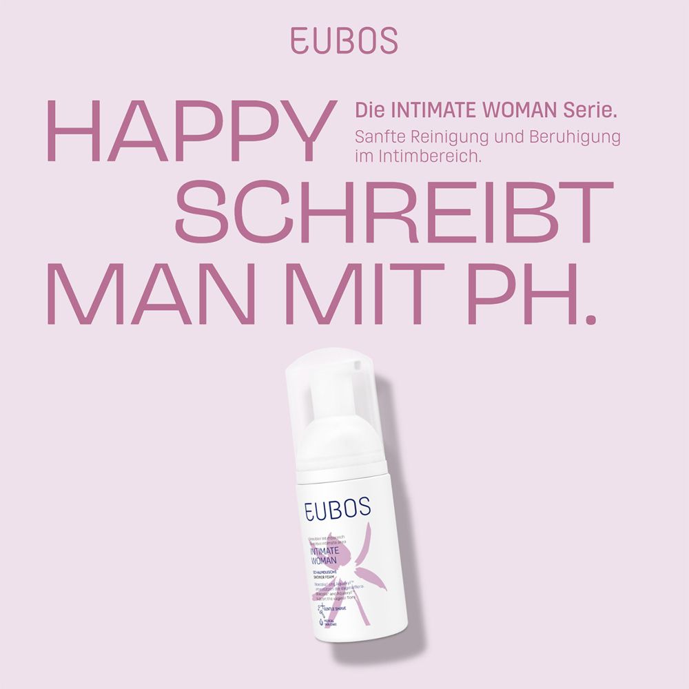 Fond rose avec texte : HAPPY SCHREIBT MAN MIT PH. Flacon EUBOS Intimate Woman.