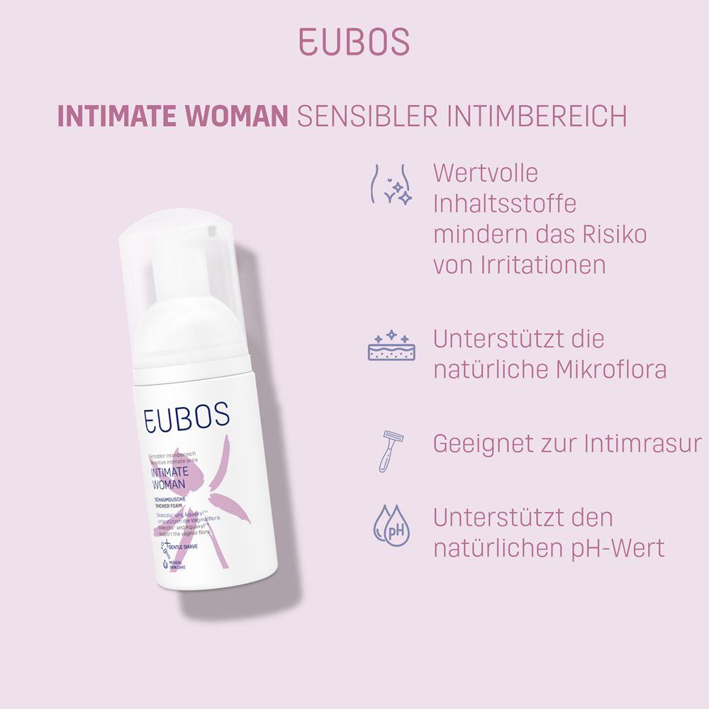 Flacon EUBOS Intimate Woman. Texte : Zone intime sensible. Caractéristiques et avantages.