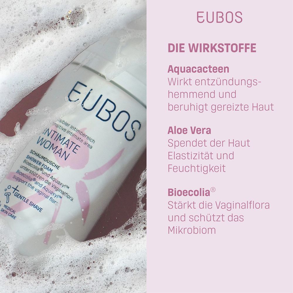 Flacon EUBOS Intimate Woman dans de la mousse. Texte : Ingrédients actifs : Aquacacteen, Aloe Vera, Bioecolia.